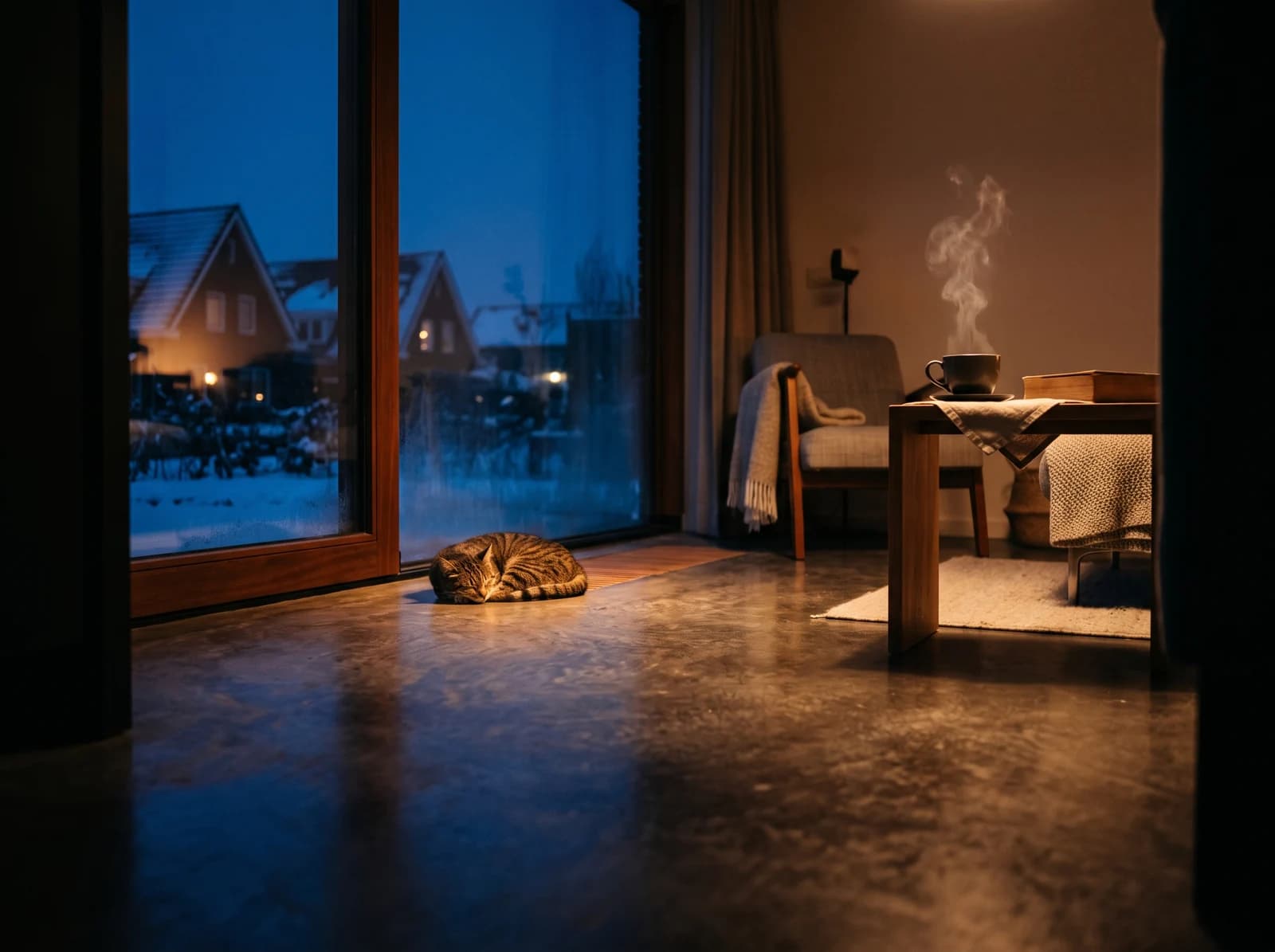 Warme woonkamer in de winter, comfort door vloerverwarming