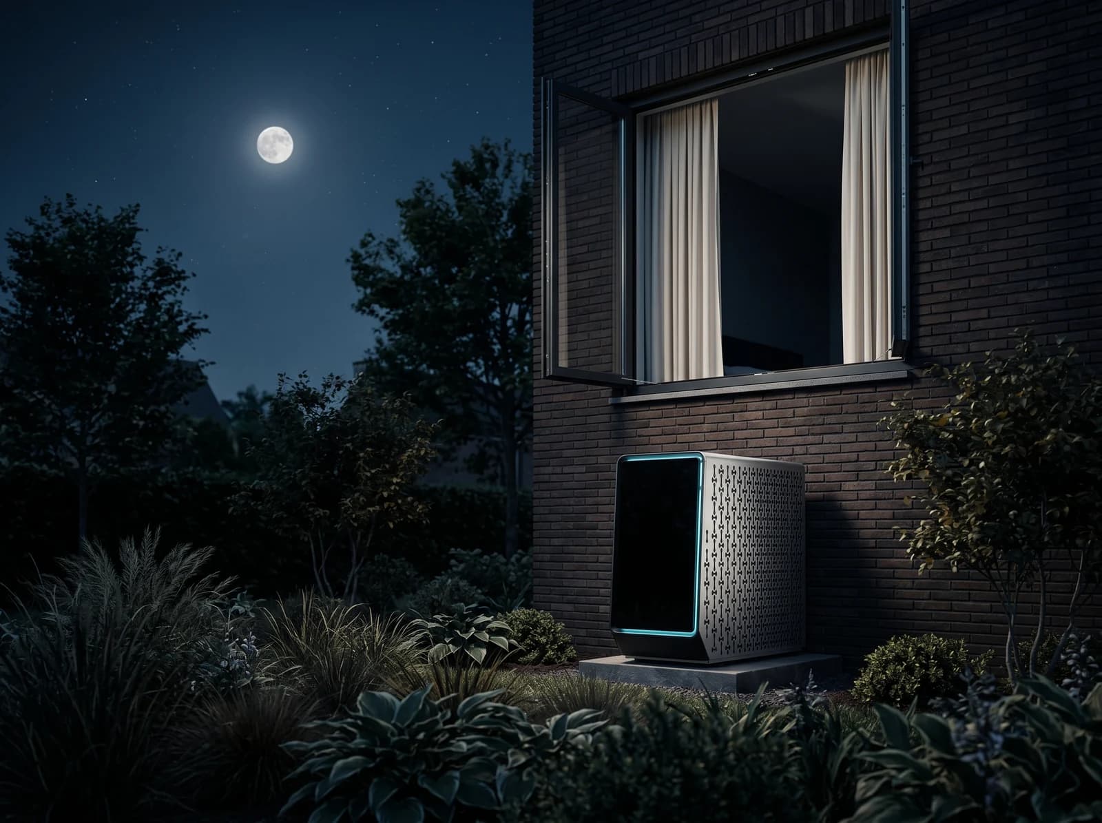 Fairland INVER X 7 bij een gevel onder een open slaapkamerraam in een stille nacht