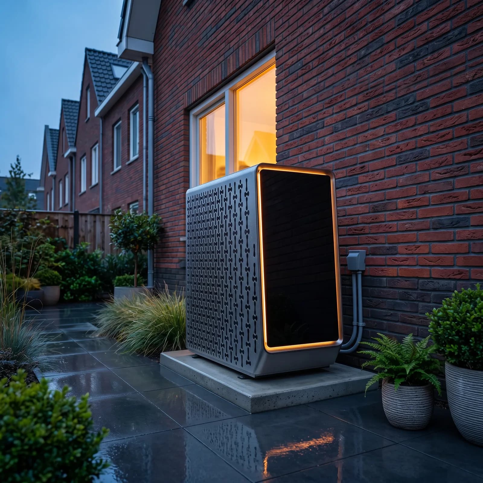 INVER X 7 naast een rijtjeshuis in de avond