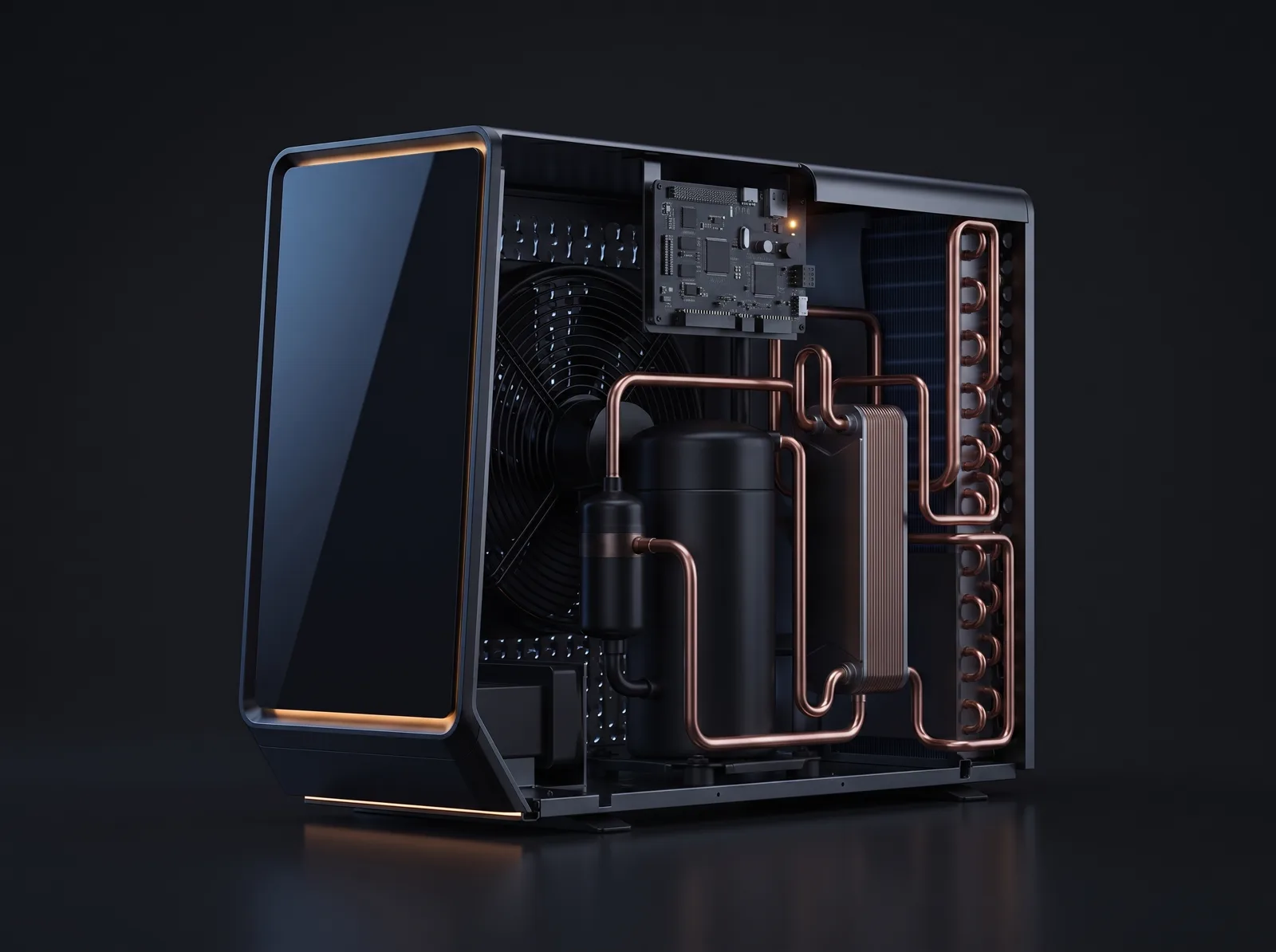 Cutaway van het binnenwerk met compressor en koperen circuit