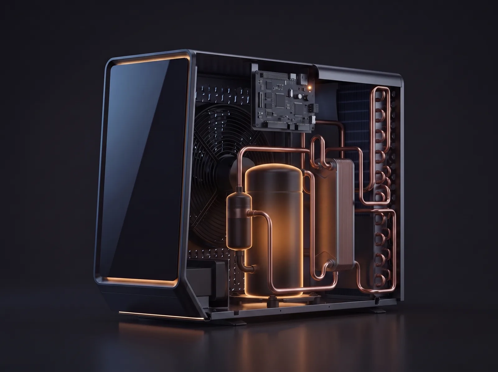 Cutaway van de warmtepomp met amber verlichte compressor
