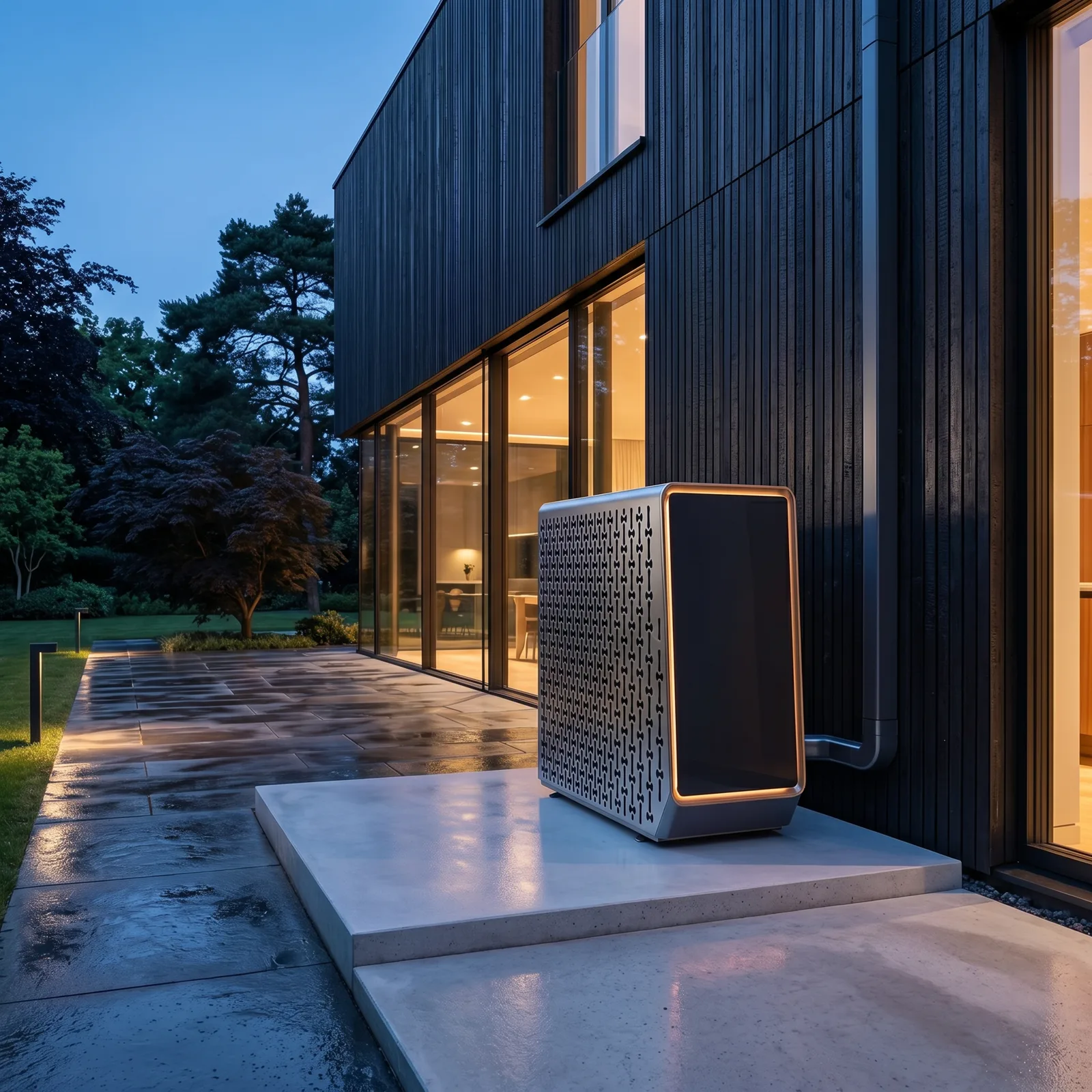 INVER X 7 bij een moderne villa in de avond